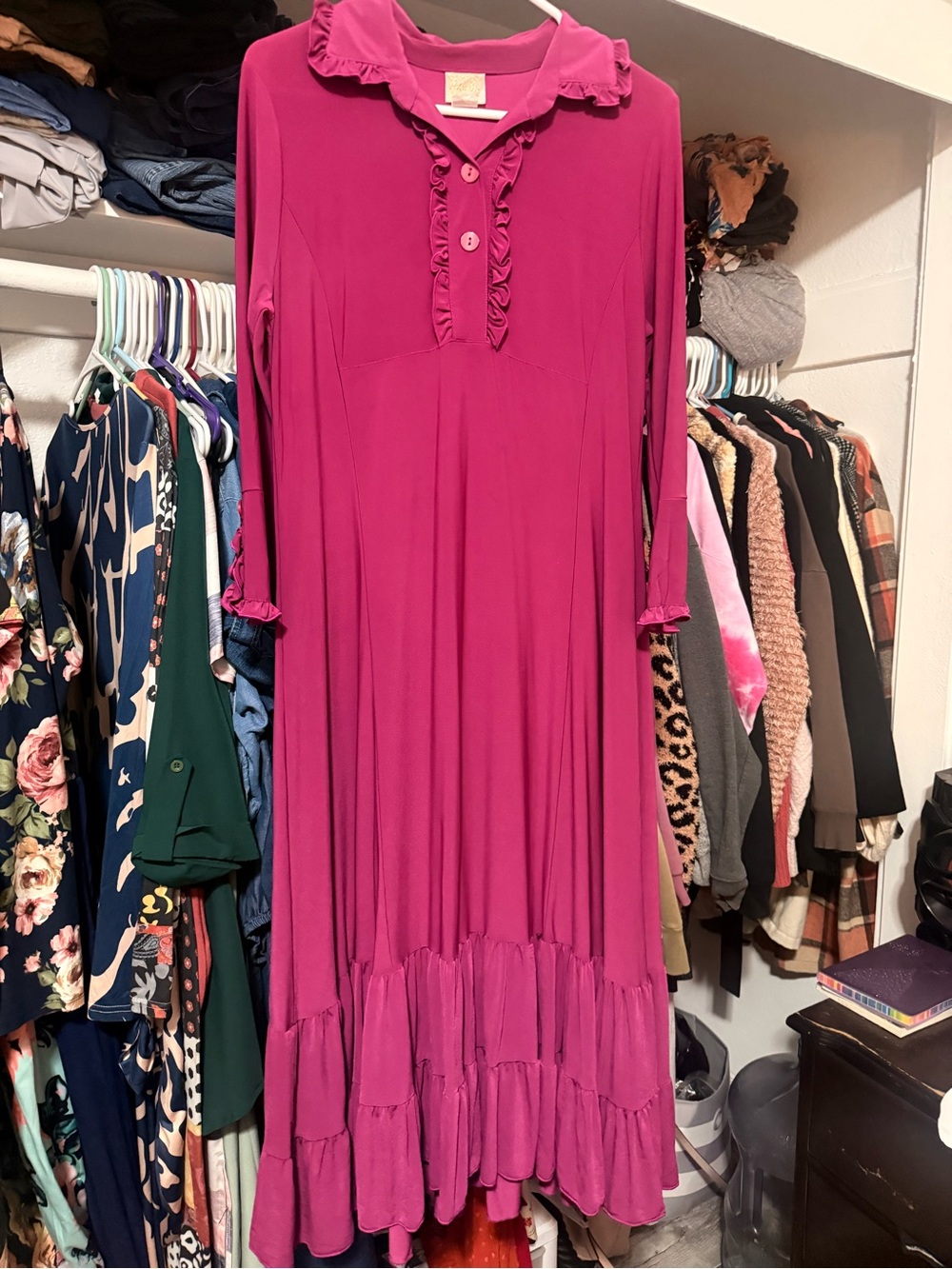 Ruffled Collared Maxi Dress in Fuchsia
